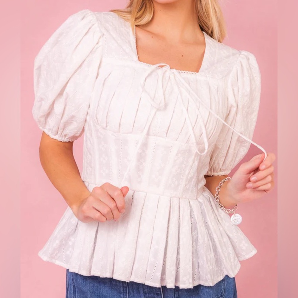 NWT Ivy City Co Thea Top white Eyelet short puff sleeves peplum corset style S